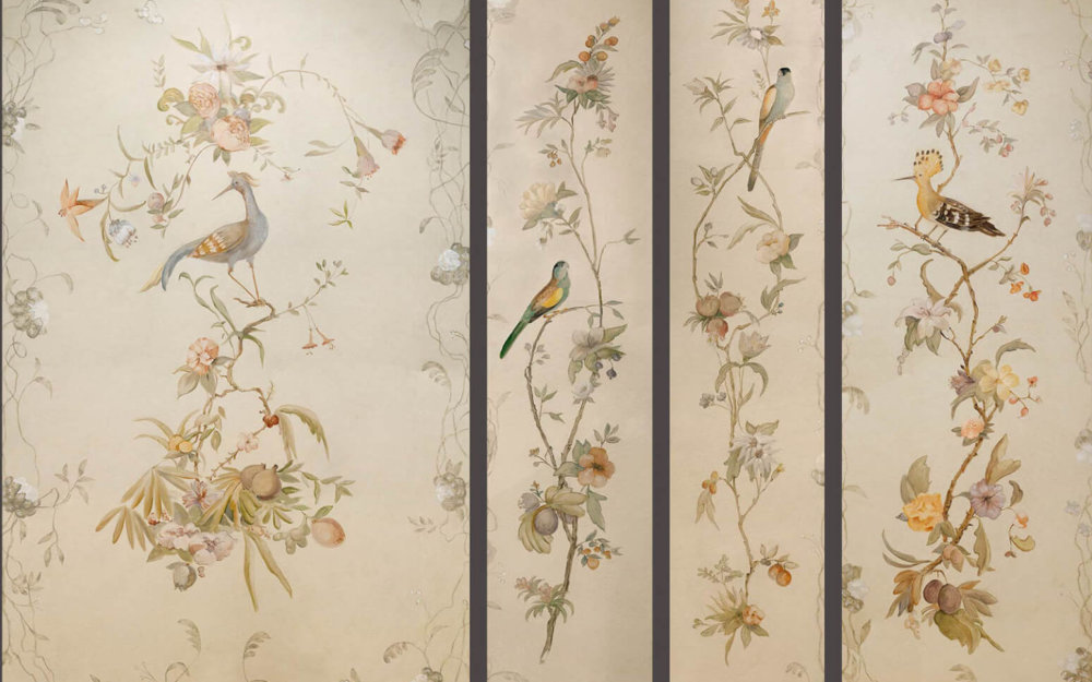 French, Birds, bugs, flowers, decorative, panels, wallpaper, Wall Covering, colorful, hand painted,